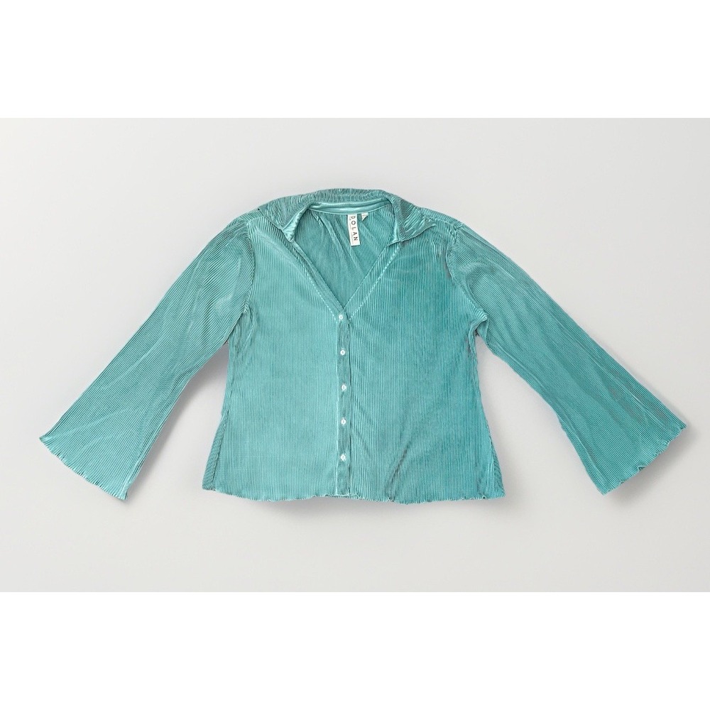 DOLAN Anthropologie SMALL Lettuce Hem Pleated Button Down Top Bell Sleeve Blue